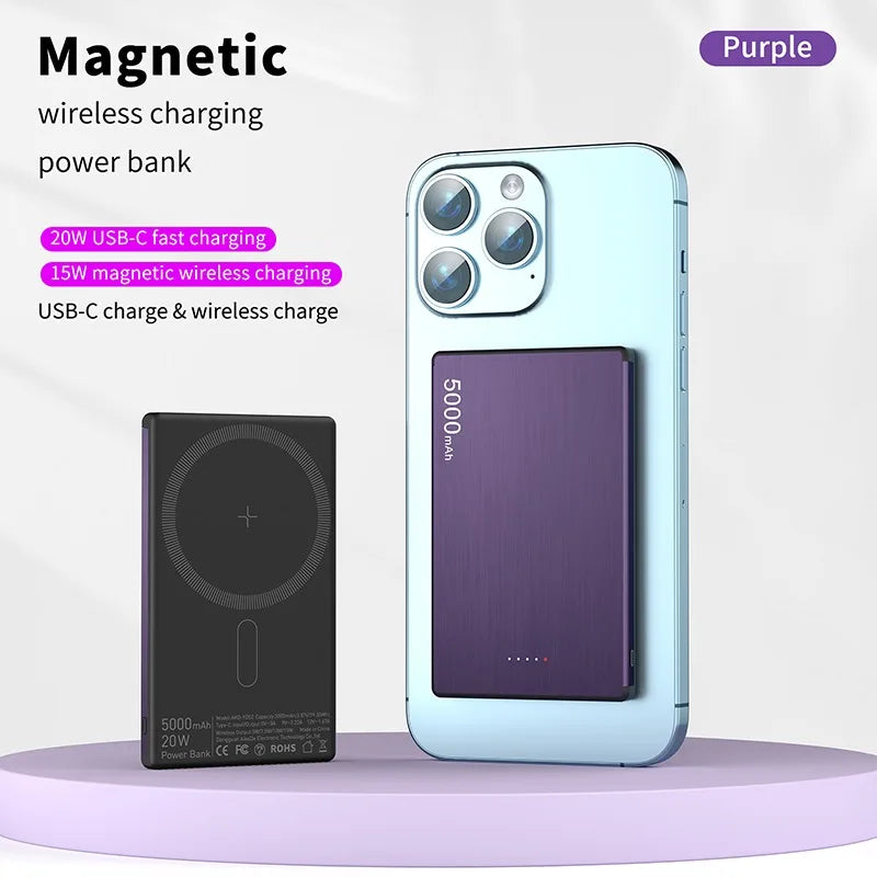 Ultra thin Magnetic Power Bank 5000mAh Super Fast Charging Wireless Powerbank Battery External Charger for IPhone Samsung Xiaomi