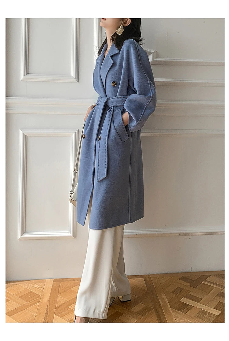 Manteau Long Femme 100 % Laine Australienne – Double Face & Double Boutonnage