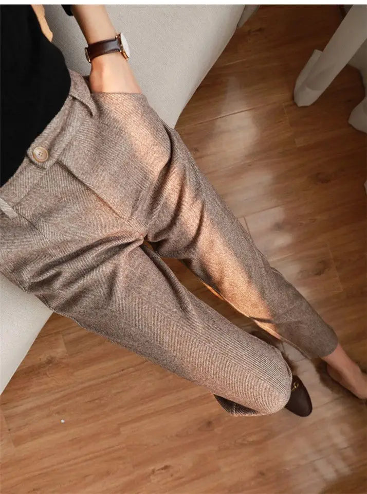 Pantalon femme coupe fuselée taille haute – polyester broadcloth automne-hiver
