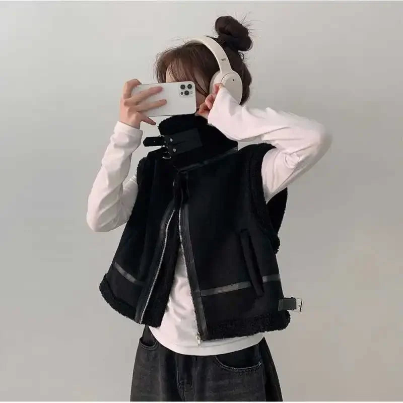 Gilet en laine d’agneau style coréen – Chaud et élégant Automne/Hiver