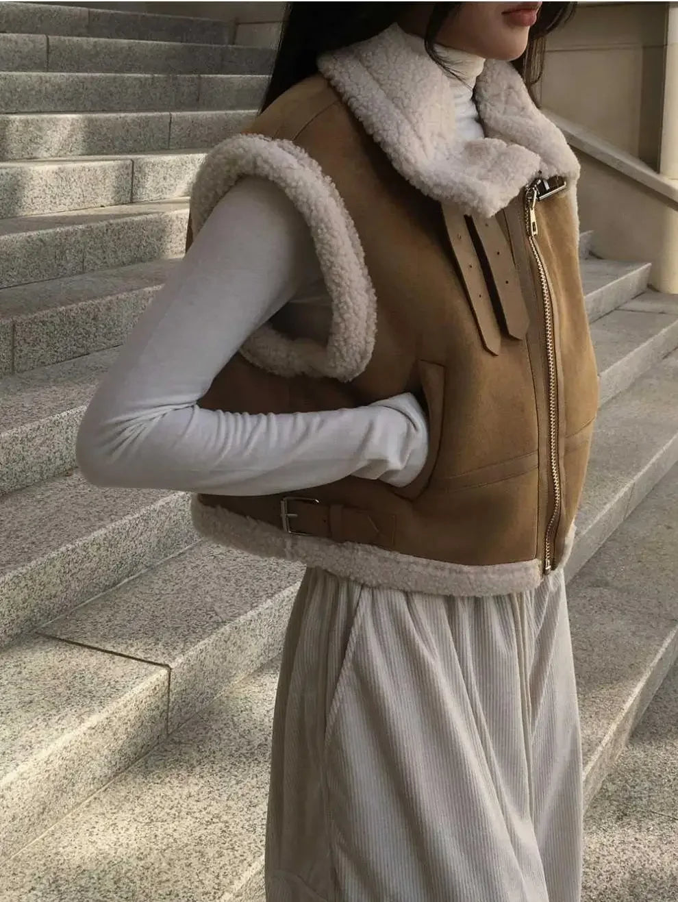 Gilet en laine d’agneau style coréen – Chaud et élégant Automne/Hiver