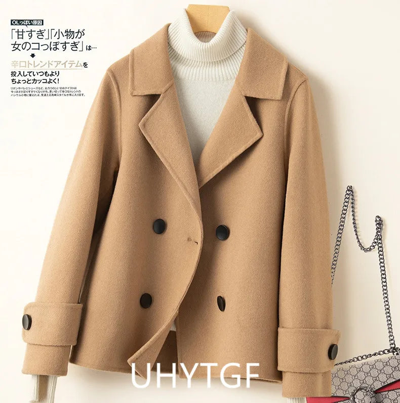 Manteau Court Femme Cachemire & Laine à Double Boutonnage – Style Élégant