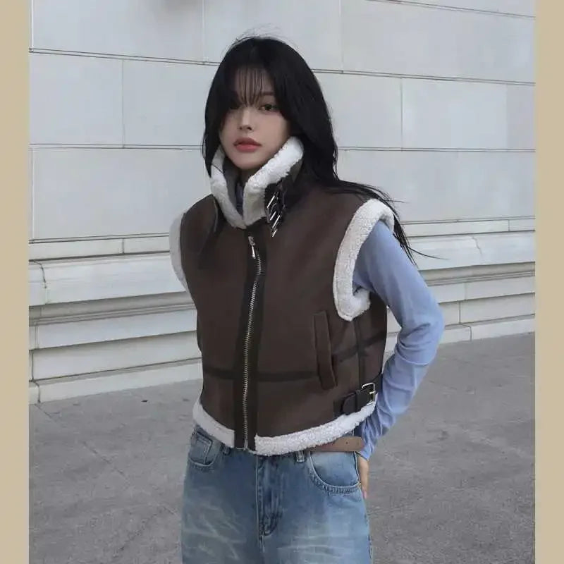 Gilet en laine d’agneau style coréen – Chaud et élégant Automne/Hiver