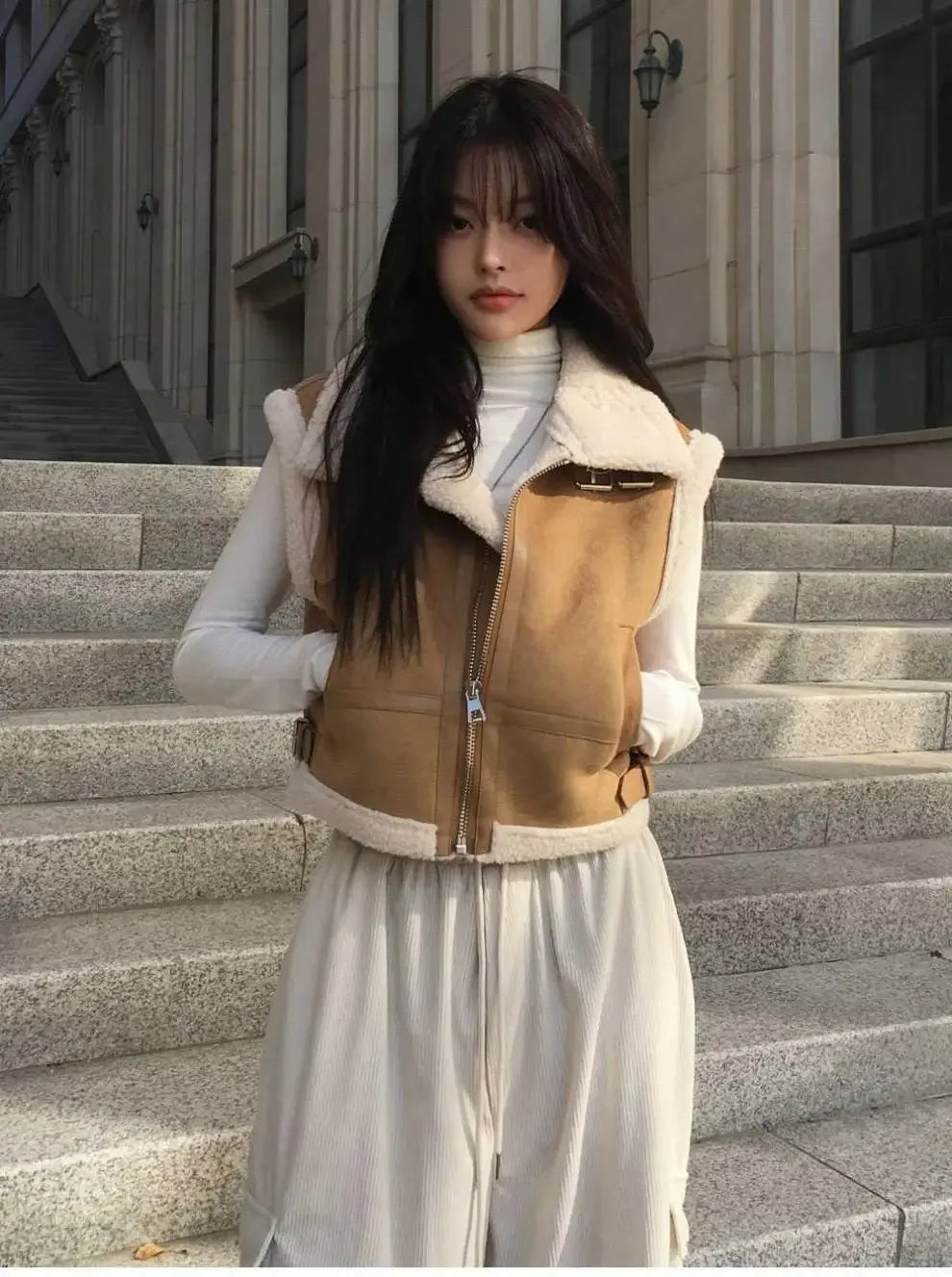 Gilet en laine d’agneau style coréen – Chaud et élégant Automne/Hiver