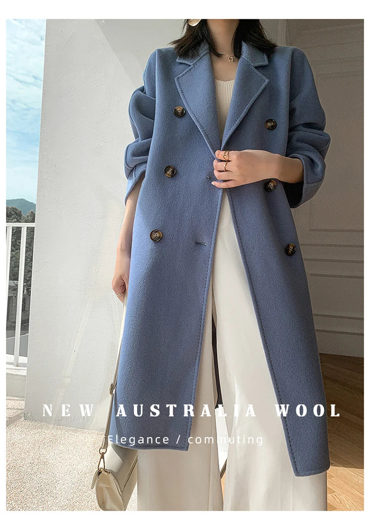 Manteau Long Femme 100 % Laine Australienne – Double Face & Double Boutonnage