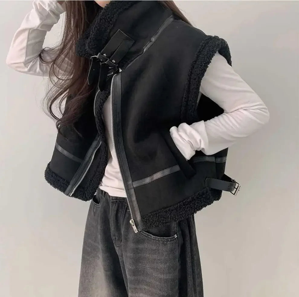 Gilet en laine d’agneau style coréen – Chaud et élégant Automne/Hiver