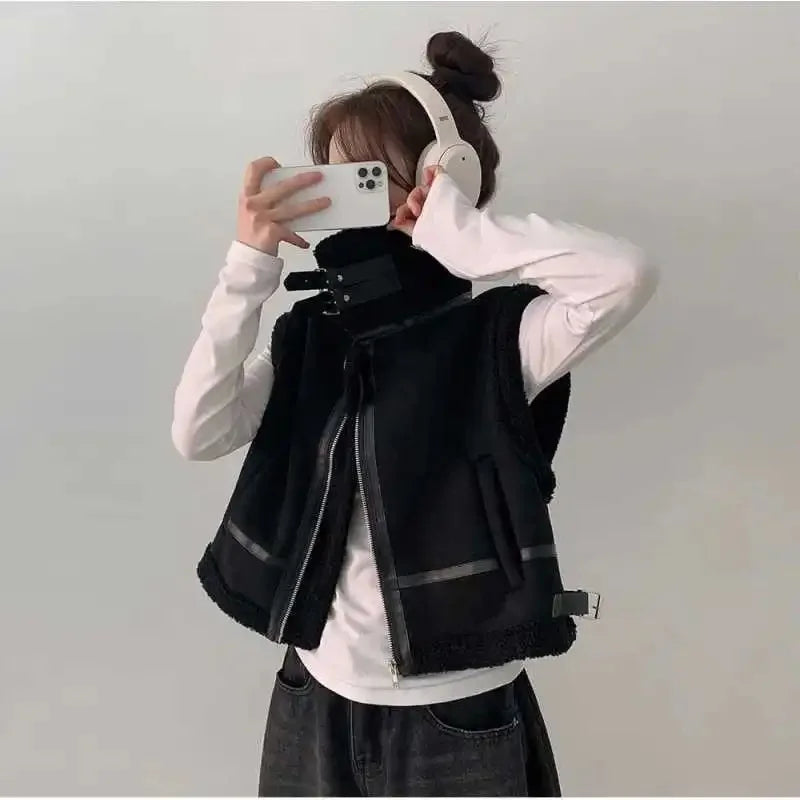 Gilet en laine d’agneau style coréen – Chaud et élégant Automne/Hiver