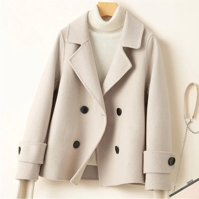 Manteau Court Femme Cachemire & Laine à Double Boutonnage – Style Élégant