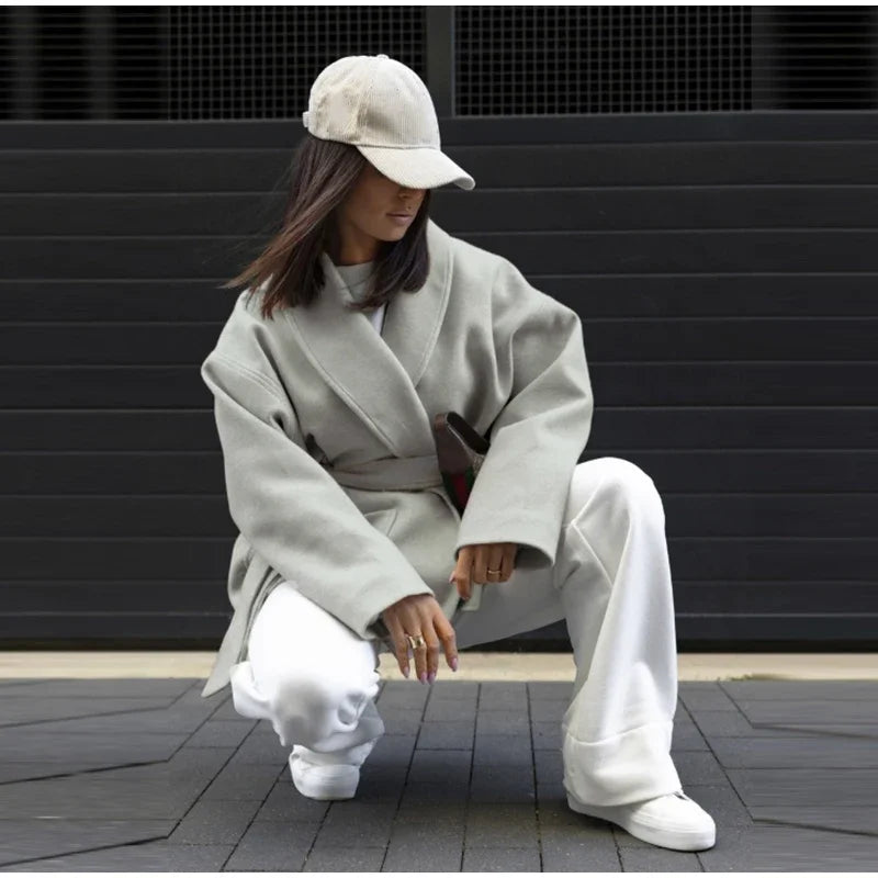 Cardigan Femme Épais Ceinturé en Laine Mélangée – Style High-Street Oversize