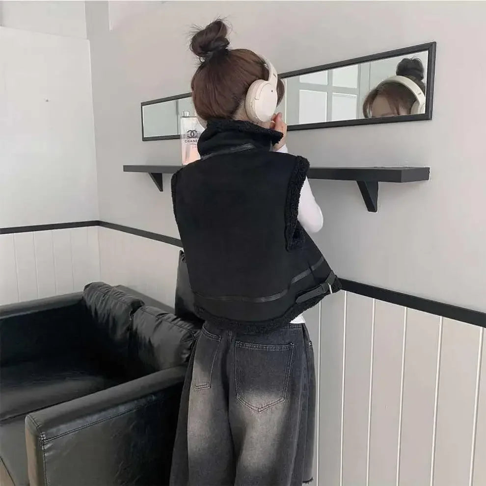 Gilet en laine d’agneau style coréen – Chaud et élégant Automne/Hiver