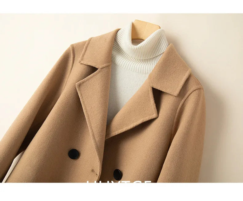 Manteau Court Femme Cachemire & Laine à Double Boutonnage – Style Élégant