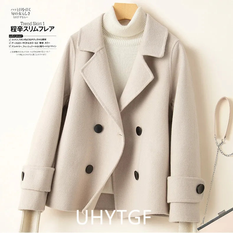 Manteau Court Femme Cachemire & Laine à Double Boutonnage – Style Élégant
