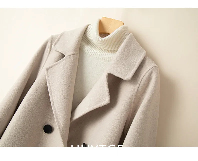 Manteau Court Femme Cachemire & Laine à Double Boutonnage – Style Élégant