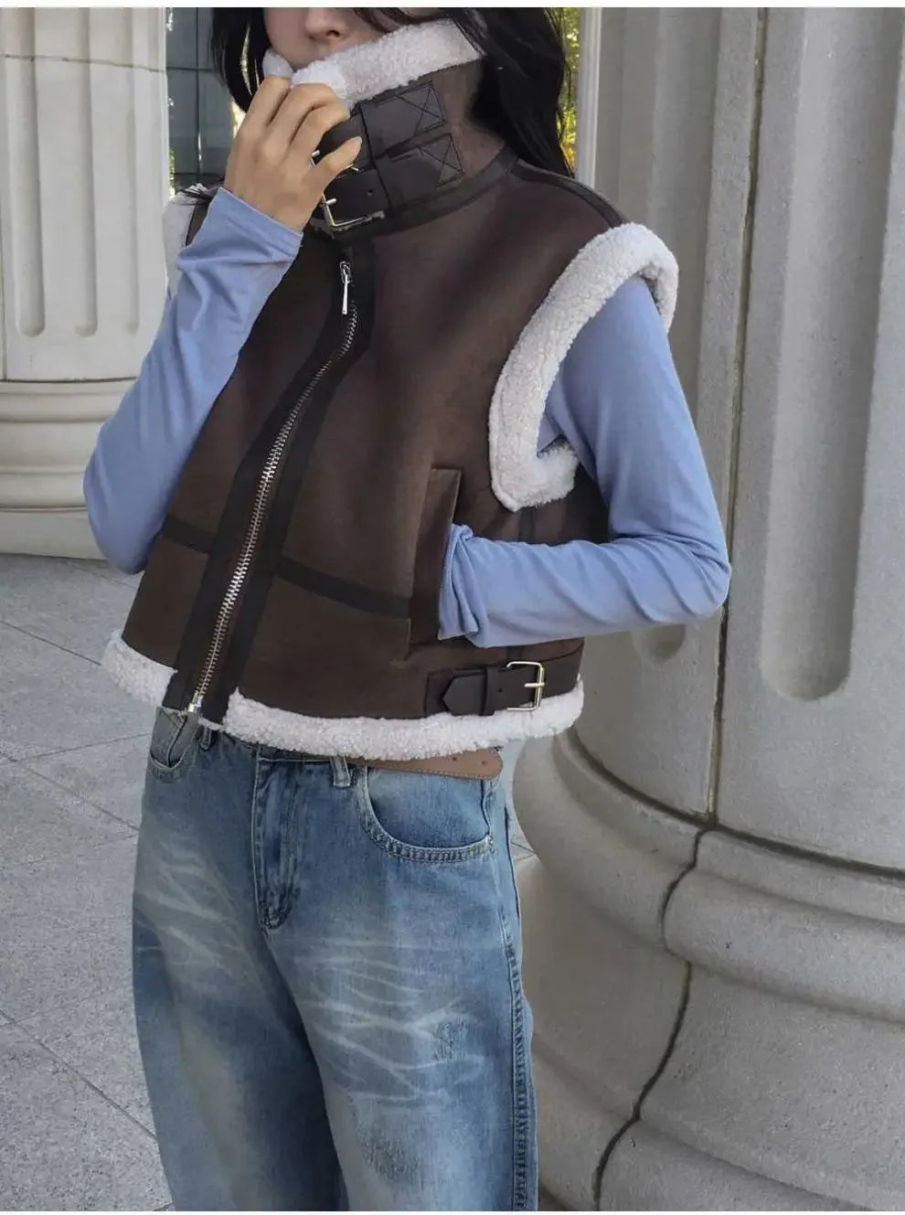 Gilet en laine d’agneau style coréen – Chaud et élégant Automne/Hiver