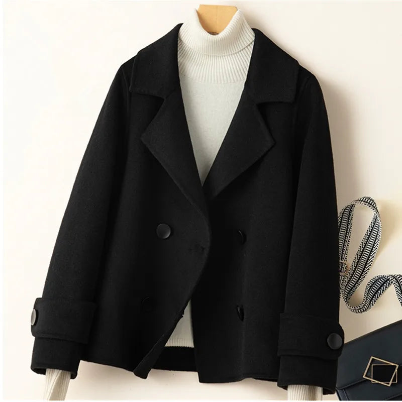 Manteau Court Femme Cachemire & Laine à Double Boutonnage – Style Élégant