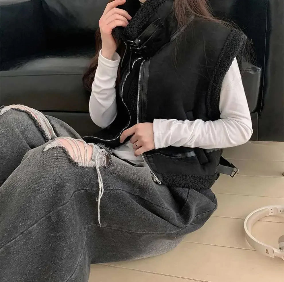 Gilet en laine d’agneau style coréen – Chaud et élégant Automne/Hiver