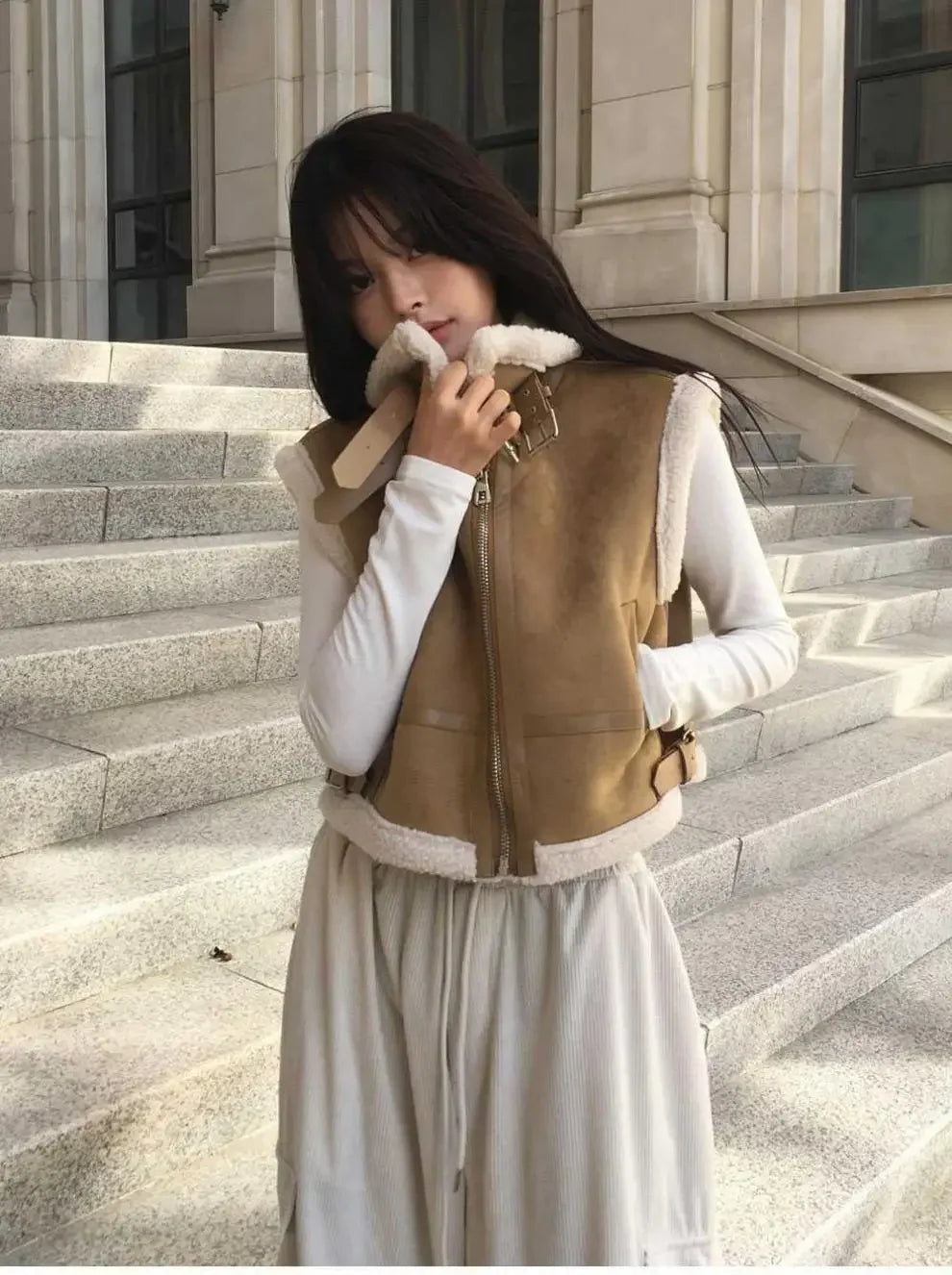 Gilet en laine d’agneau style coréen – Chaud et élégant Automne/Hiver