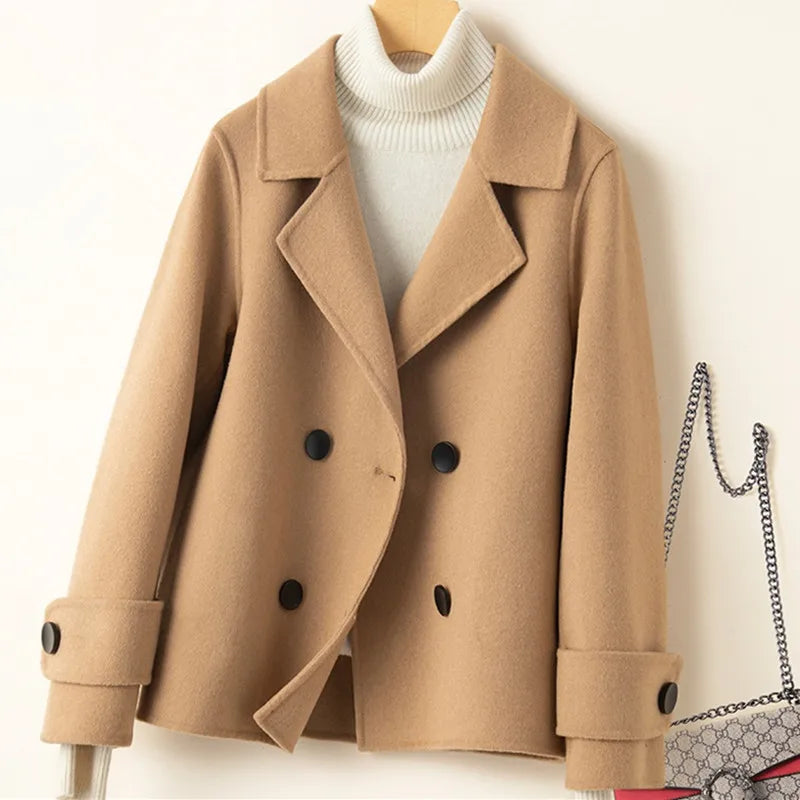 Manteau Court Femme Cachemire & Laine à Double Boutonnage – Style Élégant