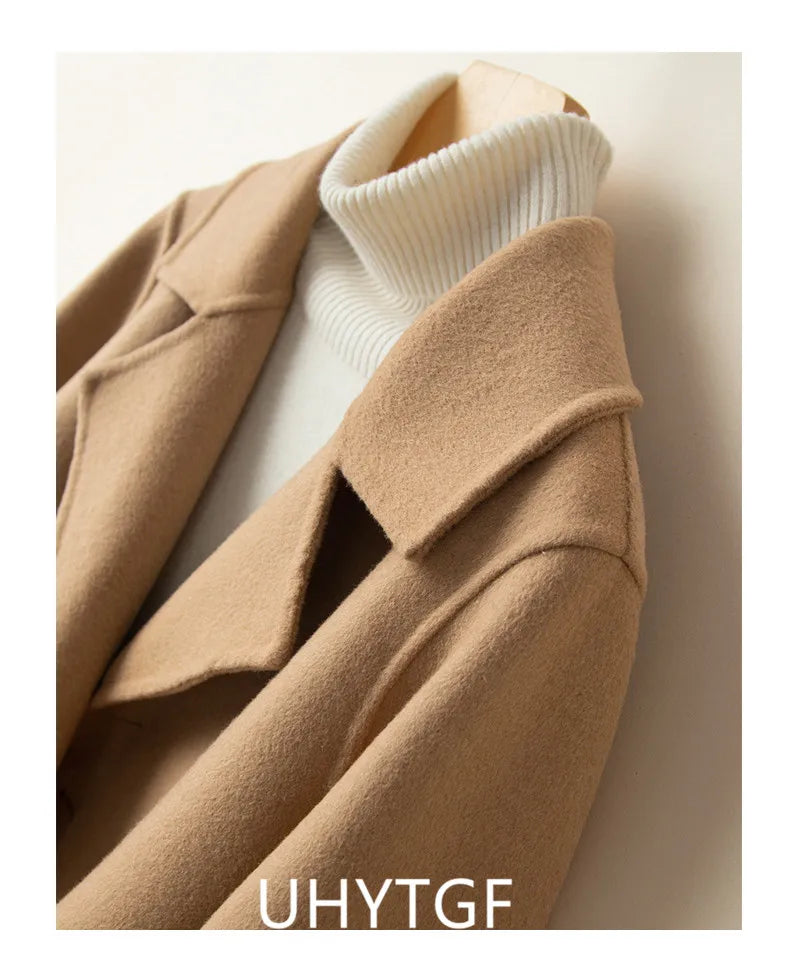 Manteau Court Femme Cachemire & Laine à Double Boutonnage – Style Élégant