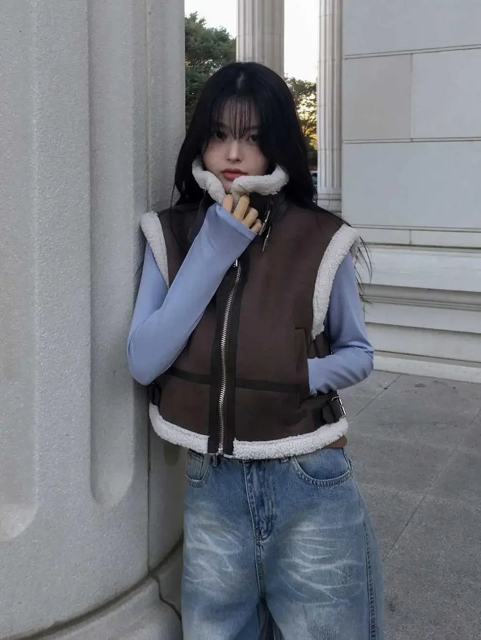 Gilet en laine d’agneau style coréen – Chaud et élégant Automne/Hiver