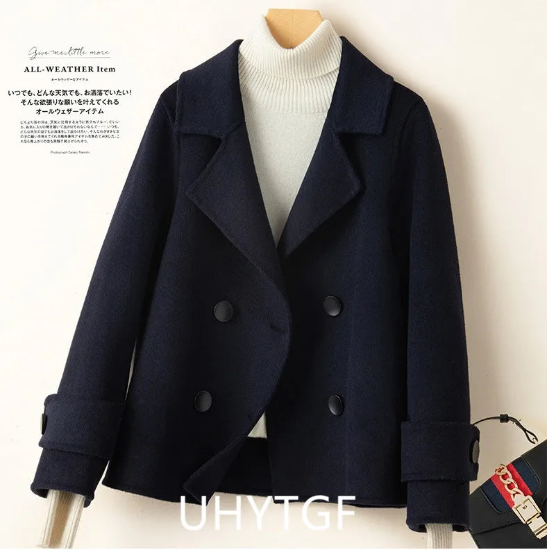 Manteau Court Femme Cachemire & Laine à Double Boutonnage – Style Élégant