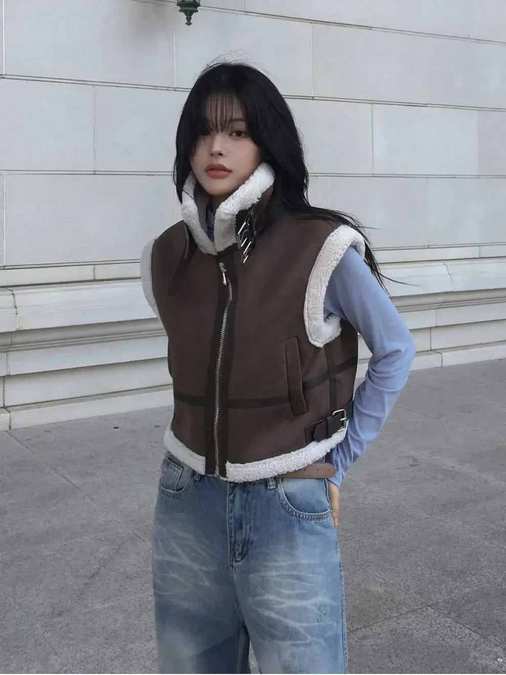 Gilet en laine d’agneau style coréen – Chaud et élégant Automne/Hiver