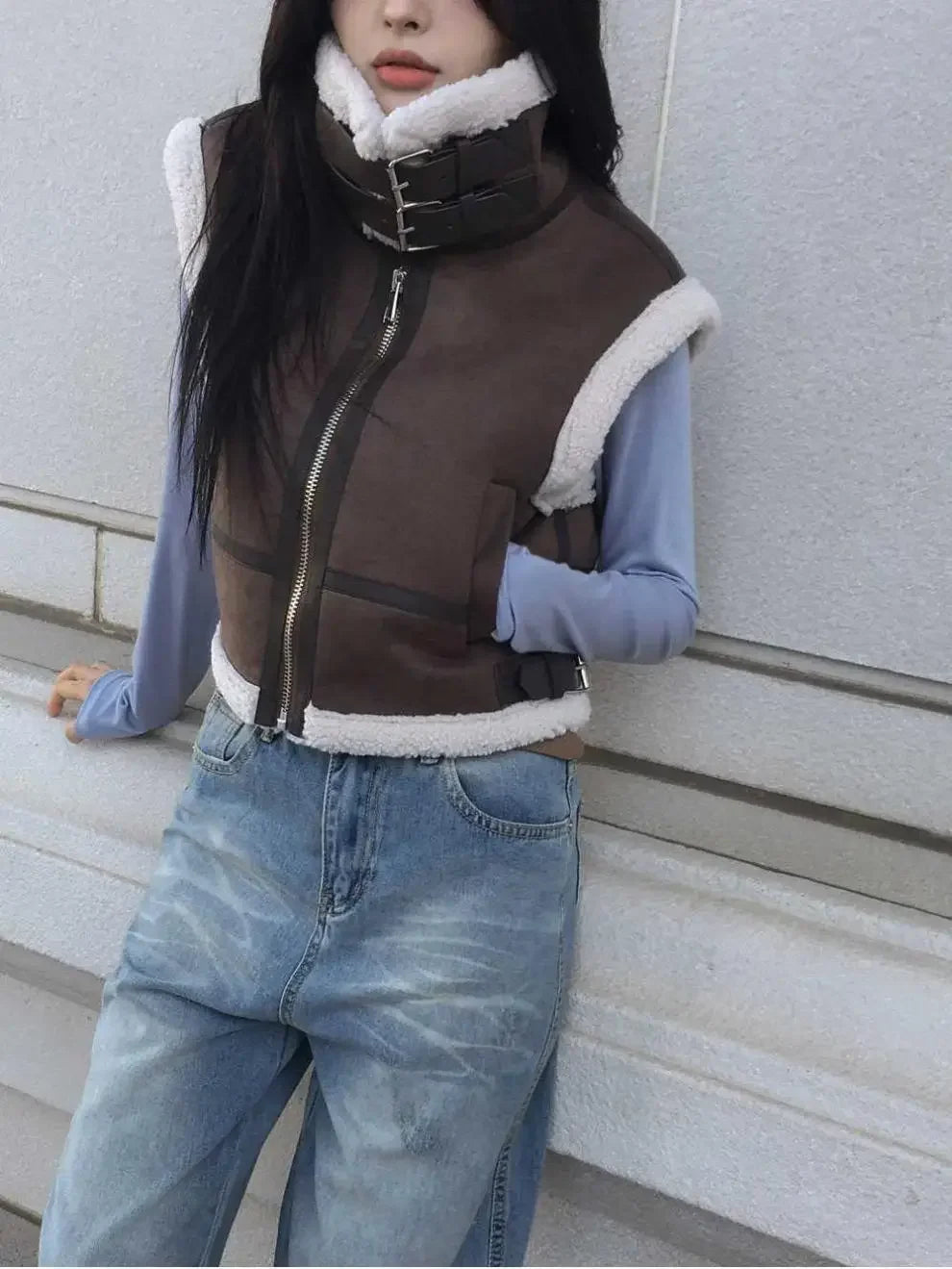 Gilet en laine d’agneau style coréen – Chaud et élégant Automne/Hiver