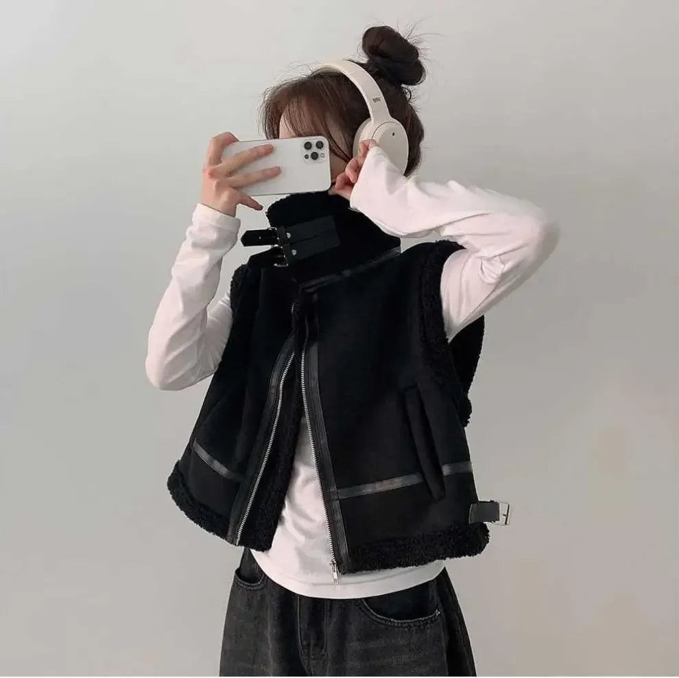Gilet en laine d’agneau style coréen – Chaud et élégant Automne/Hiver