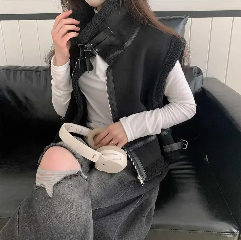 Gilet en laine d’agneau style coréen – Chaud et élégant Automne/Hiver