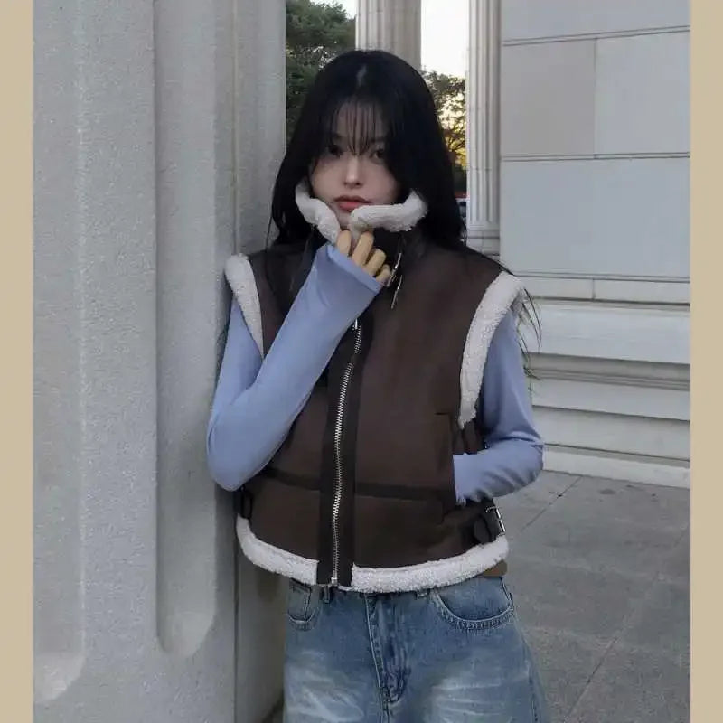 Gilet en laine d’agneau style coréen – Chaud et élégant Automne/Hiver