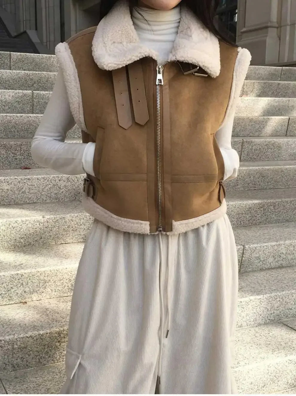 Gilet en laine d’agneau style coréen – Chaud et élégant Automne/Hiver