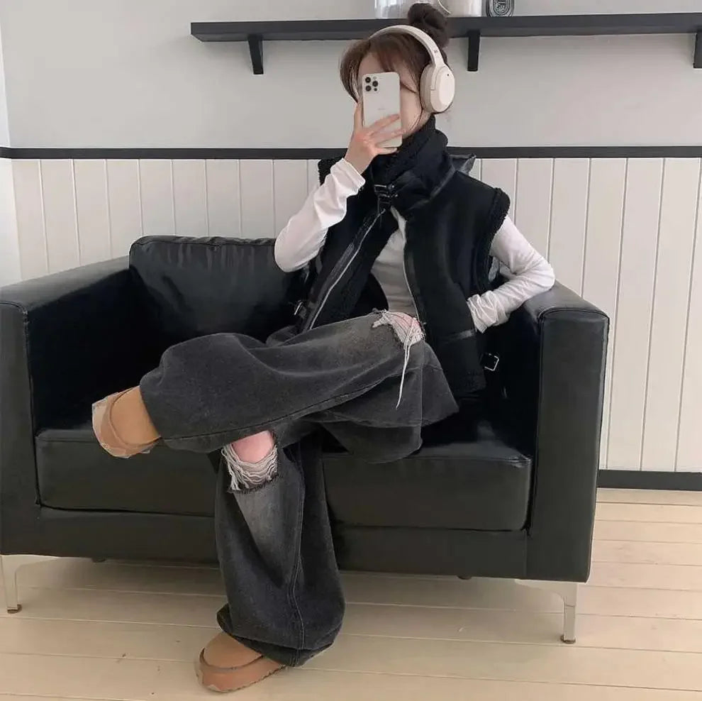 Gilet en laine d’agneau style coréen – Chaud et élégant Automne/Hiver