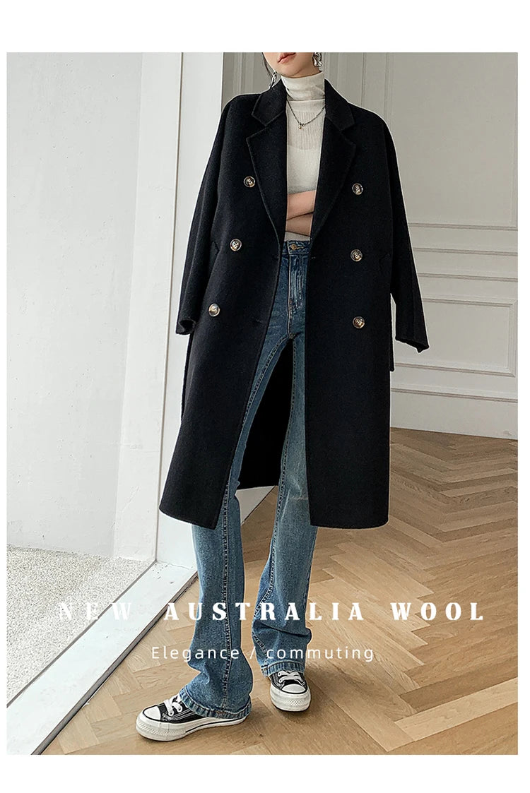 Manteau Long Femme 100 % Laine Australienne – Double Face & Double Boutonnage