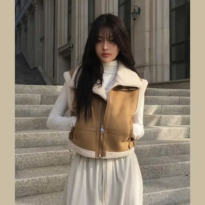 Gilet en laine d’agneau style coréen – Chaud et élégant Automne/Hiver