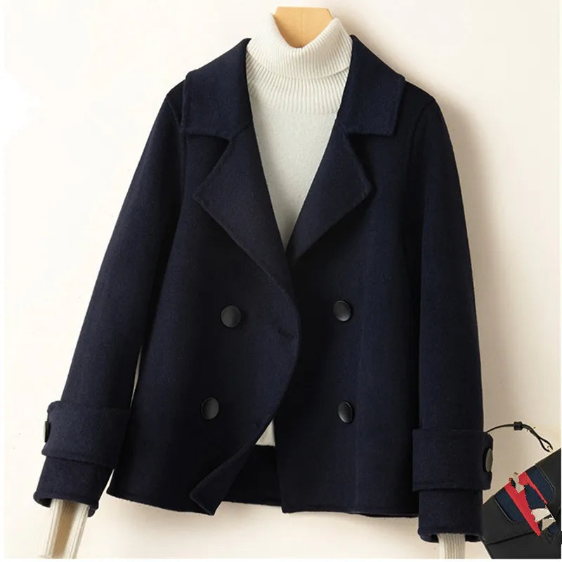Manteau Court Femme Cachemire & Laine à Double Boutonnage – Style Élégant
