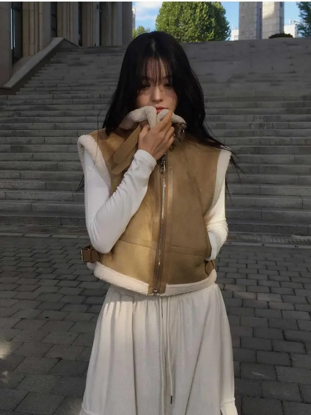 Gilet en laine d’agneau style coréen – Chaud et élégant Automne/Hiver