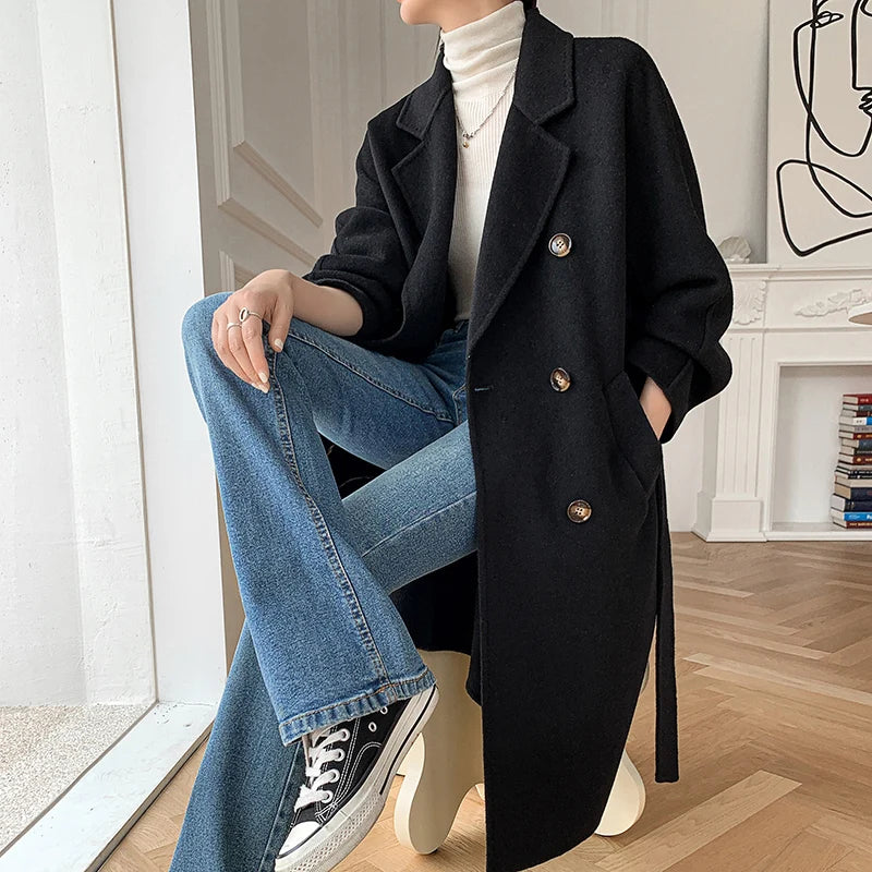 Manteau Long Femme 100 % Laine Australienne – Double Face & Double Boutonnage