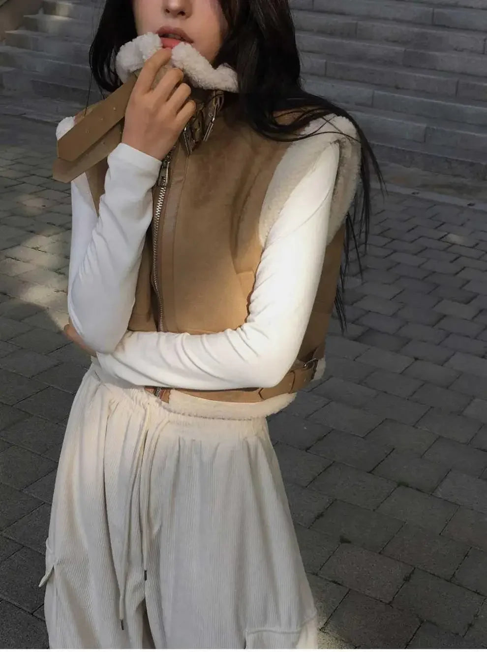 Gilet en laine d’agneau style coréen – Chaud et élégant Automne/Hiver