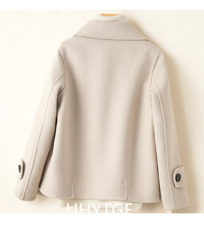 Manteau Court Femme Cachemire & Laine à Double Boutonnage – Style Élégant