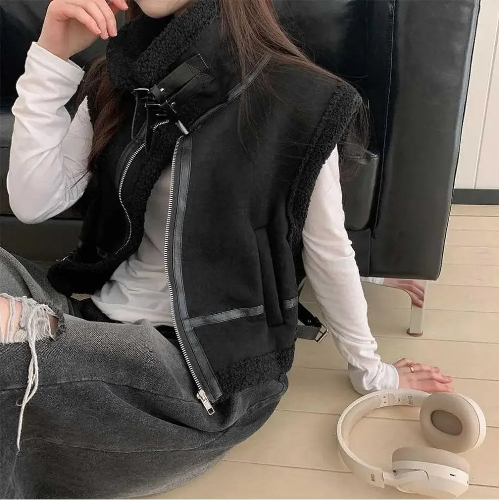 Gilet en laine d’agneau style coréen – Chaud et élégant Automne/Hiver
