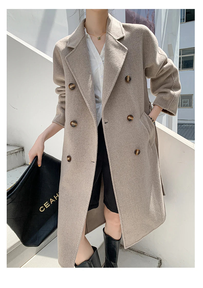 Manteau Long Femme 100 % Laine Australienne – Double Face & Double Boutonnage