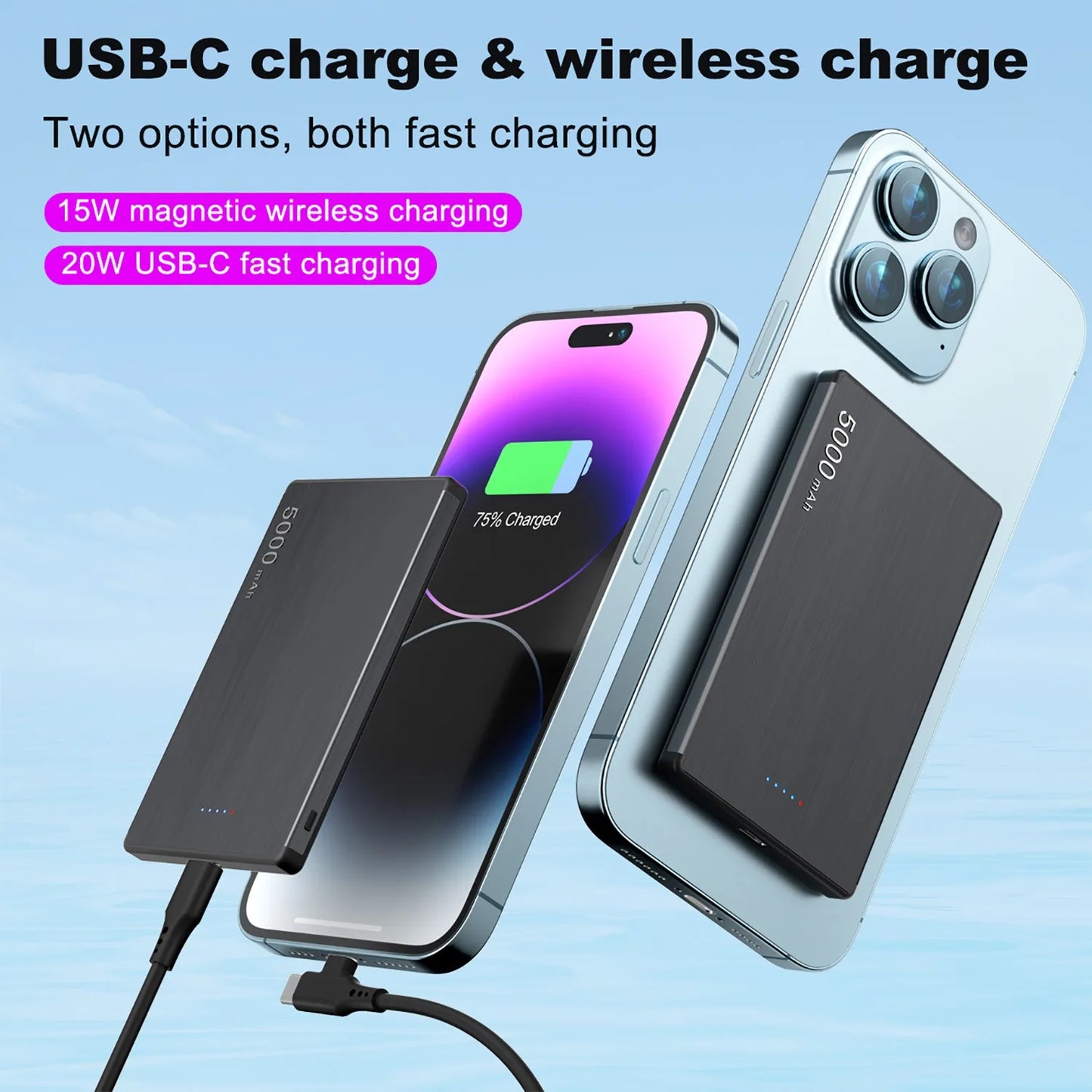 Ultra thin Magnetic Power Bank 5000mAh Super Fast Charging Wireless Powerbank Battery External Charger for IPhone Samsung Xiaomi