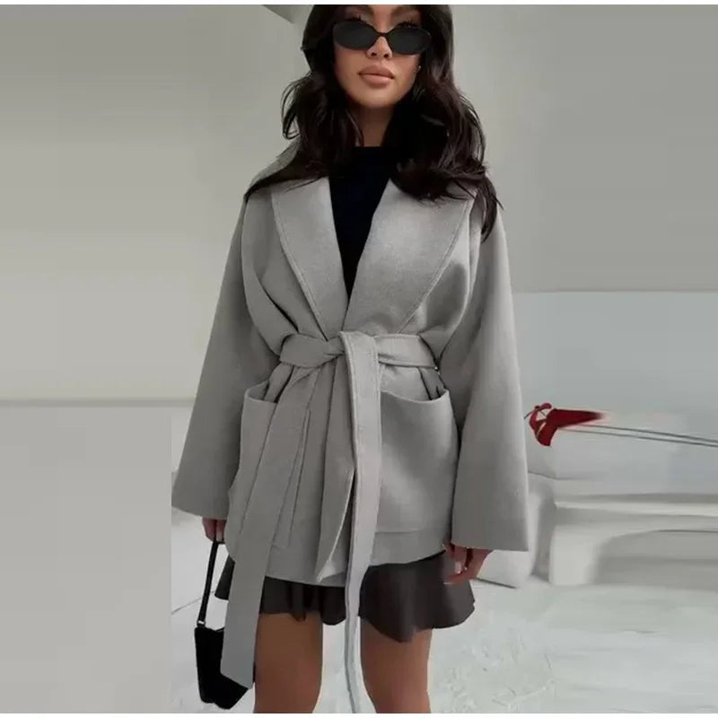 Cardigan Femme Épais Ceinturé en Laine Mélangée – Style High-Street Oversize