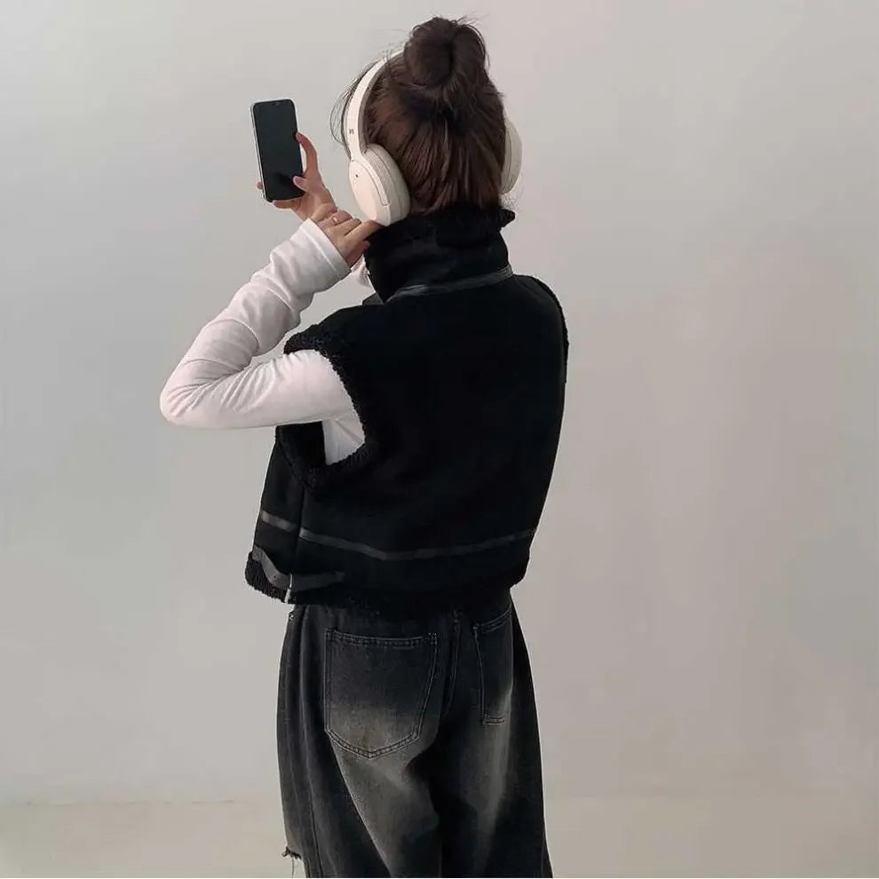 Gilet en laine d’agneau style coréen – Chaud et élégant Automne/Hiver