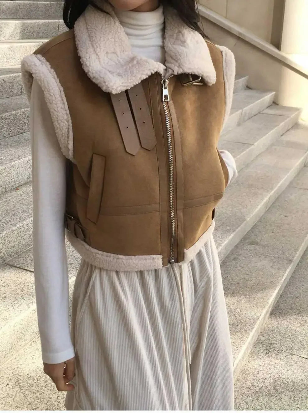 Gilet en laine d’agneau style coréen – Chaud et élégant Automne/Hiver